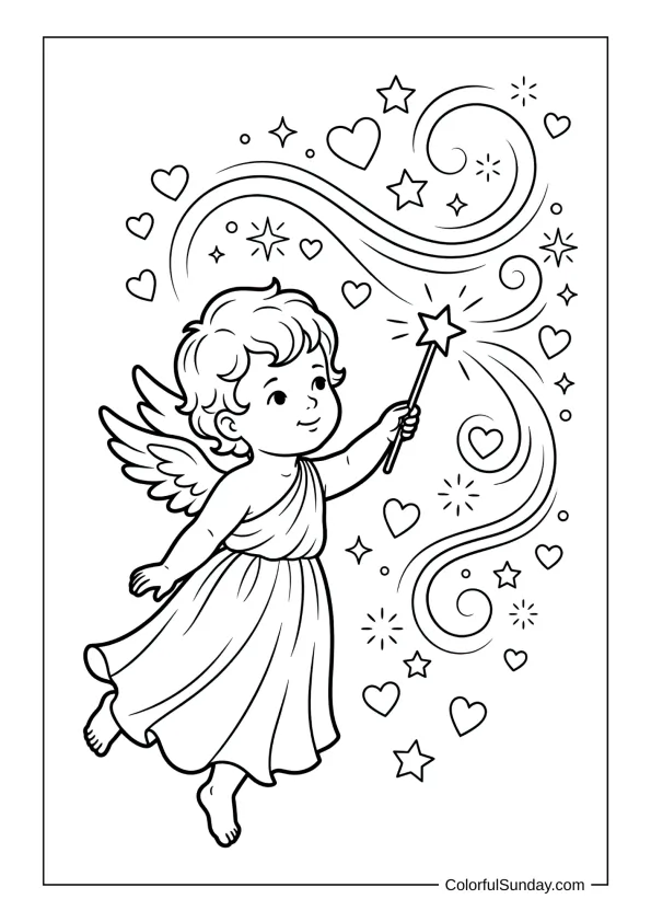 Magical Cupid casting heart spells with a sparkly wand coloring page.