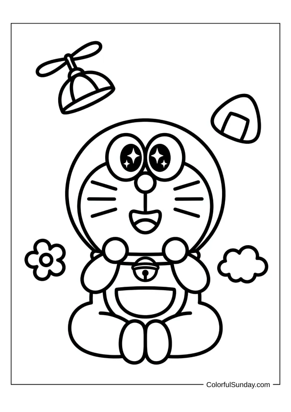 Adorable Doraemon Sitting Coloring Sheet Cute Doraemon sitting with sparkling eyes in an adorable coloring page.