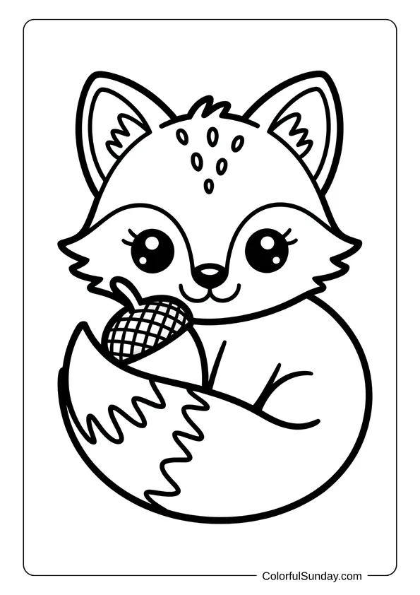 A kawaii fox cub hugging an acorn with a happy face, drawn in a cute coloring page style.