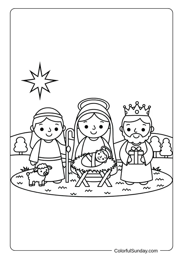 A coloring page showing an adorable nativity scene with Mary, Joseph, baby Jesus, shepherd and wise man.