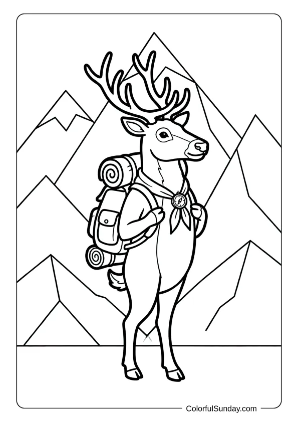 A brave reindeer exploring mountains coloring page with backpack and adventurous spirit.
