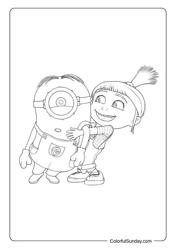 A girl giving a tight hug to a surprised Minion in a sweet friendship-themed Minions coloring page.