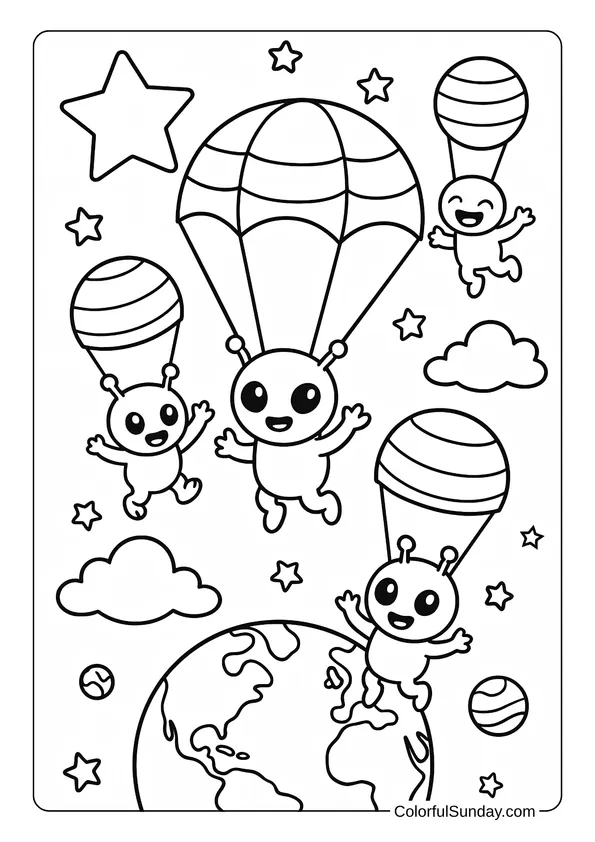 Cheerful aliens parachute through space with stars and planets around them in this space-themed coloring page.