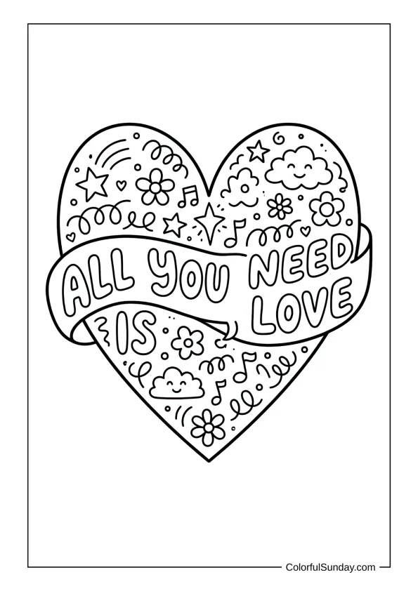 Big heart with "All You Need Is Love" quote in a coloring page