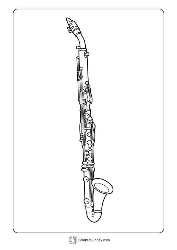 An alto clarinet coloring page with large instrument featuring extended body and distinctive curved neck