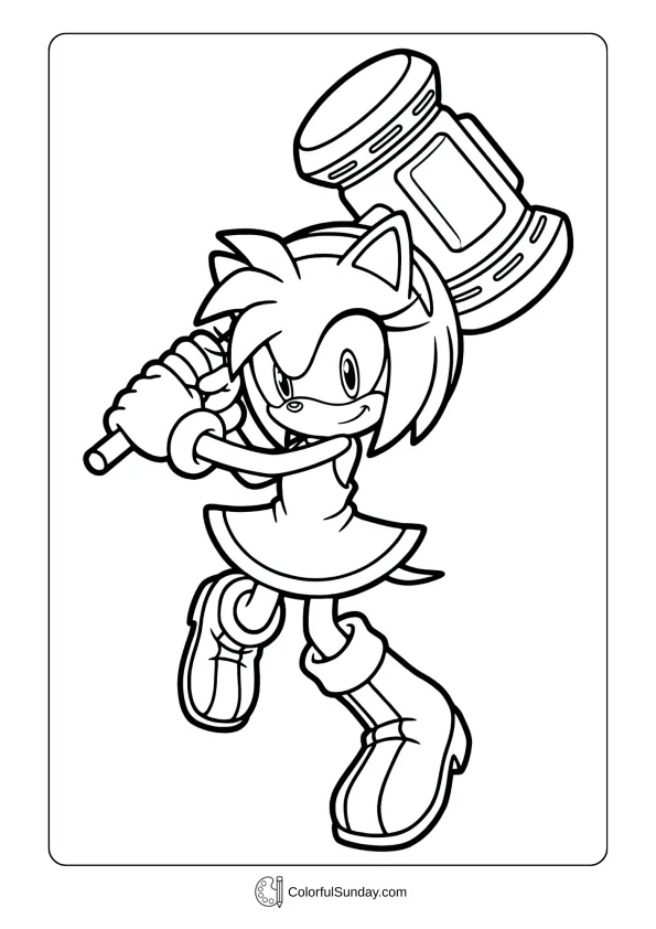 Amy Rose coloring page showing Sonic character with raised hammer in action to color
