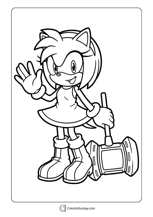 Amy Rose coloring picture showing Sonic character waving with her hammer coloring picture