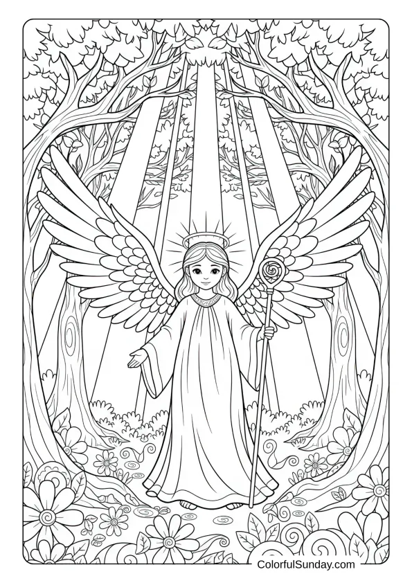 An angel coloring page standing in a sacred grove with trees and rays of divine light.