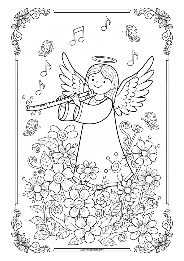 A coloring page of an angel playing flute in a blooming garden with butterflies flying nearby.