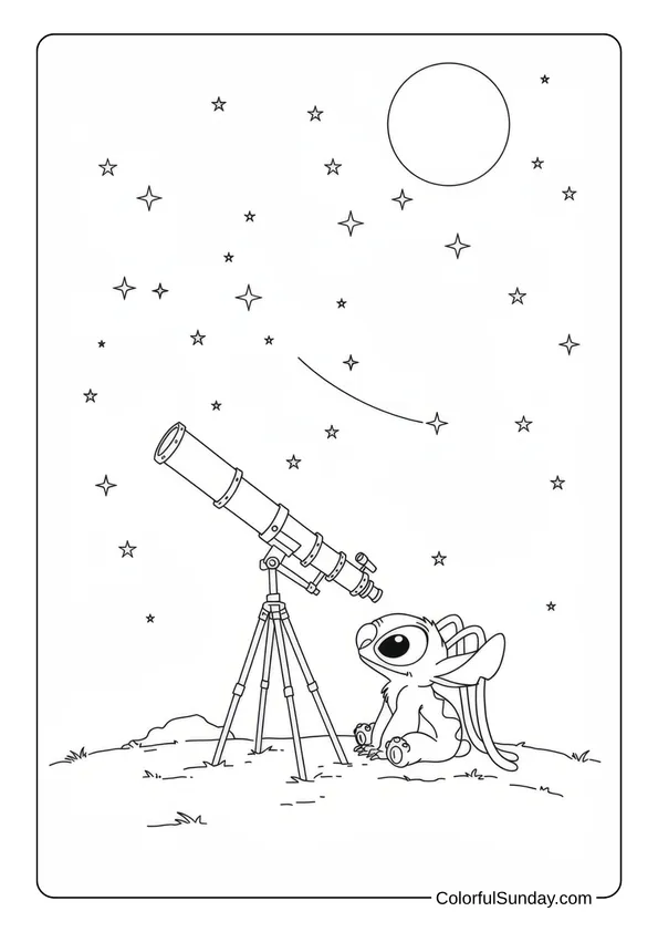 Angel looks up at the stars while sitting beside a large telescope under a night sky in this starry night coloring page.