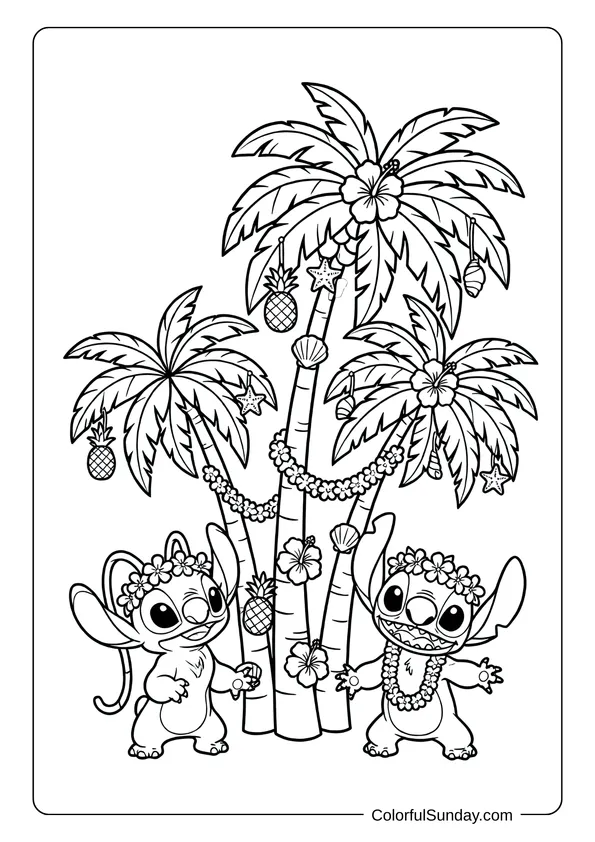 A Disney Christmas scene where Stitch and Angel celebrate under decorated palm trees, illustrated as a coloring page.