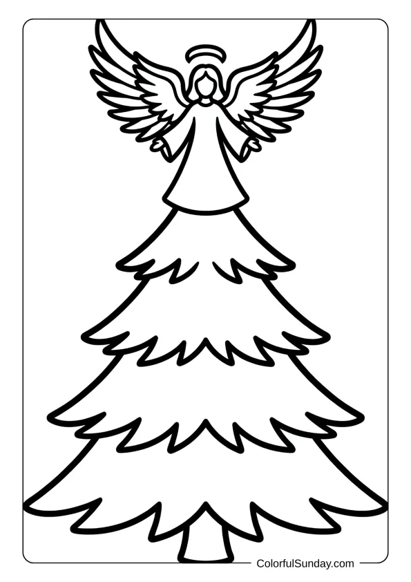 A beautiful Christmas tree crowned with a glowing angel spreading wings of joy coloring page