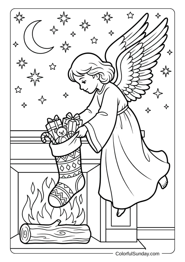 A gentle angel coloring page placing gifts into a beautiful Christmas stocking under twinkling stars
