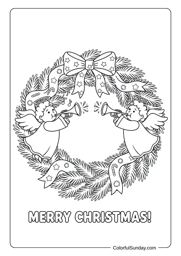 A Christmas wreath coloring page featuring angels with trumpets on decorative branches.