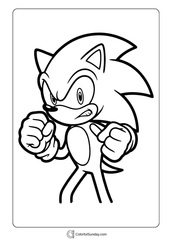 A coloring page of angry Sonic with determined expression and fighting stance coloring page