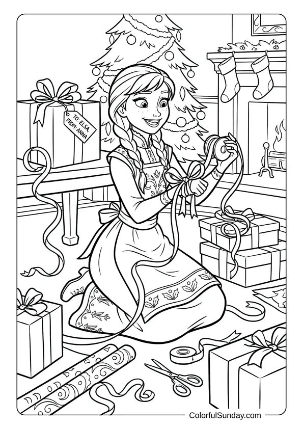 Anna wraps presents by the fireplace during Disney Christmas in a sweet coloring page