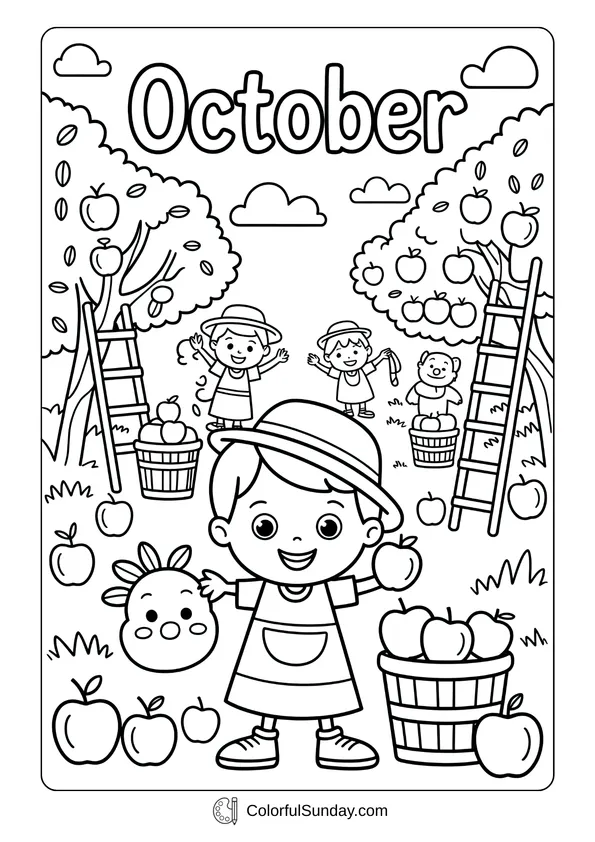 Pokemon Badges And Logo Coloring Page Children picking apples from trees and filling baskets in an October harvest coloring page.