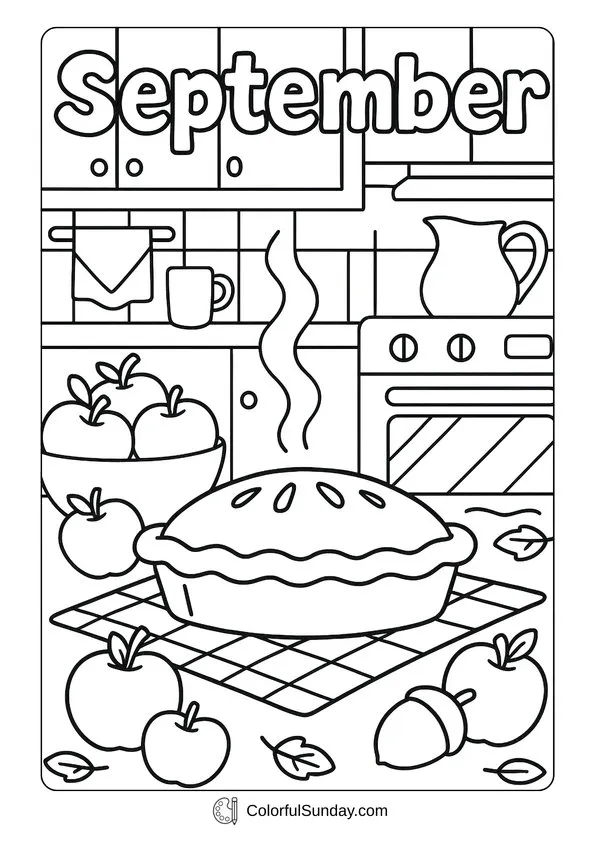 Apple Pie September Coloring Page Freshly baked apple pie with apples and acorns on the counter in a September coloring page.