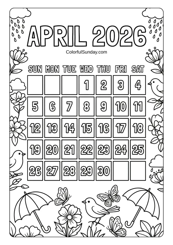 April 2026 spring garden calendar coloring page with birds and flowers printable coloring page