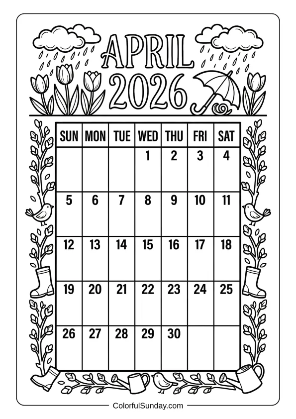 April 2026 cute spring animals calendar coloring page with rabbits printable coloring page