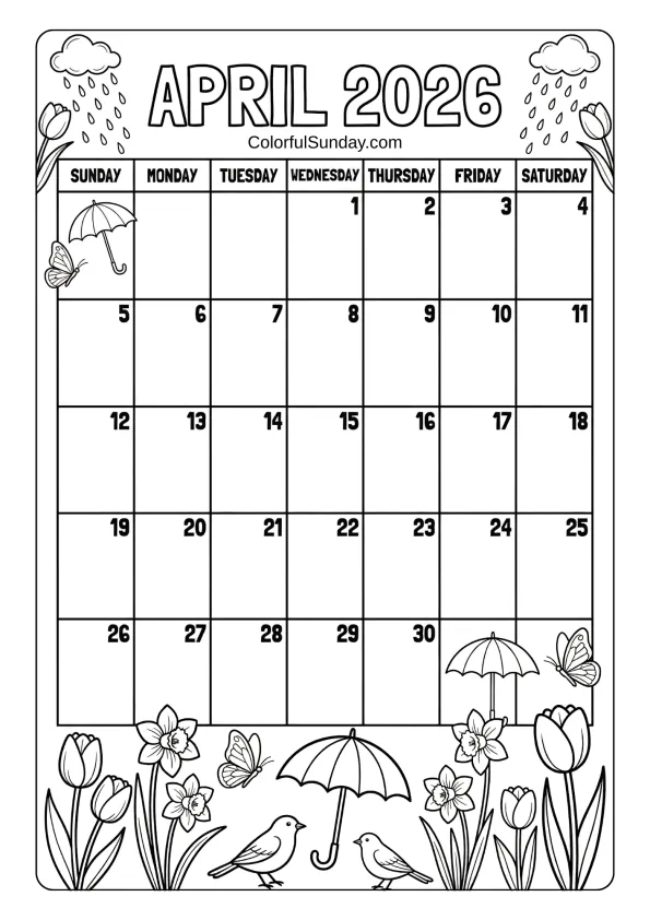 April 2026 floral border calendar coloring page with garden details printable coloring page