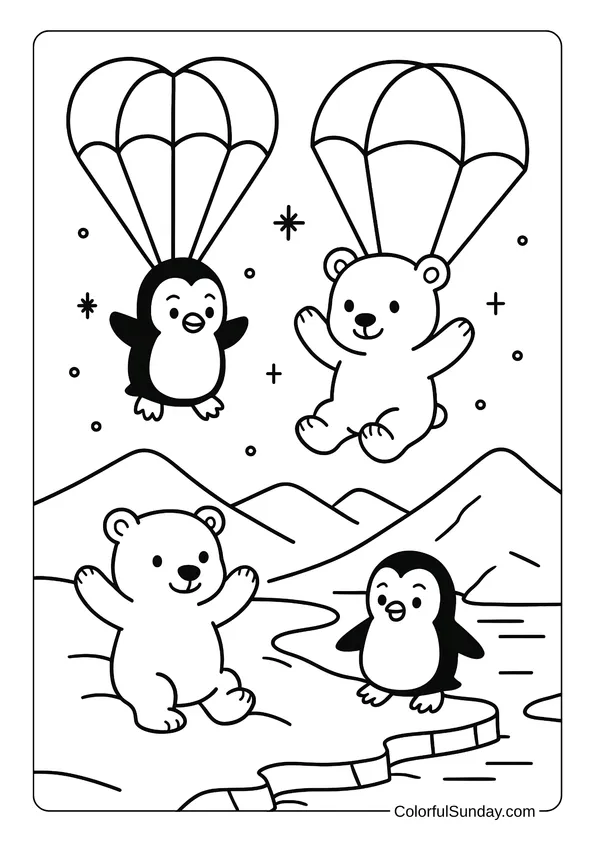 Two polar bears and two penguins parachute in a snowy Arctic scene in this wintery coloring page.