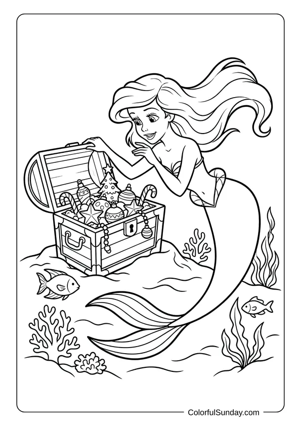 Ariel discovering sunken treasure chest full of ornaments in this Disney Christmas underwater coloring page.