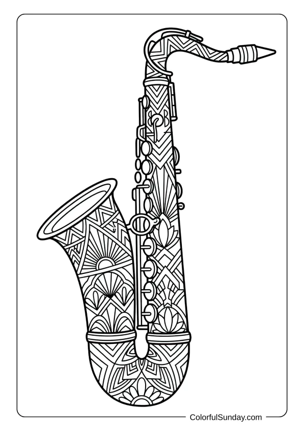 A saxophone coloring page decorated with Art Deco geometric patterns in vintage style coloring page.