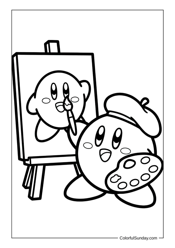 Kirby paints a self-portrait on canvas with brush and palette in this artistic coloring page