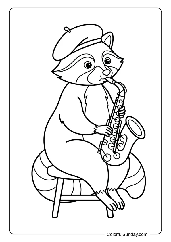 Artistic Raccoon Saxophone Coloring Page A raccoon coloring page in a beret playing saxophone sitting on a stool coloring page.