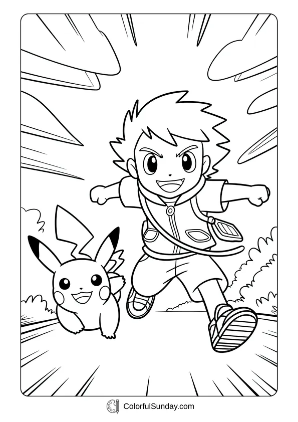 Pikachu From Pokemon Coloring Page Ash runs alongside Pikachu from Pokémon down a path, turning the chase into an energetic coloring page.