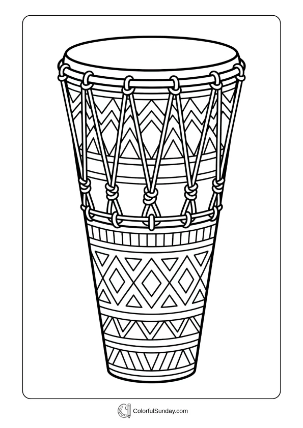 Tall cone-shaped ashiko drum with rope tuning coloring page and traditional geometric pattern decorations