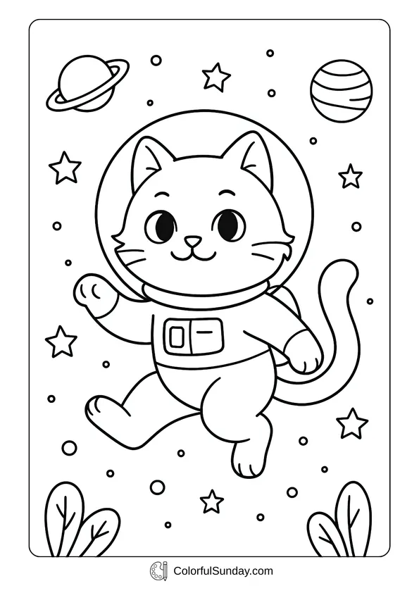 Pikachu From Pokemon Coloring Page An astronaut cute cat floating among stars and planets in a coloring page style.