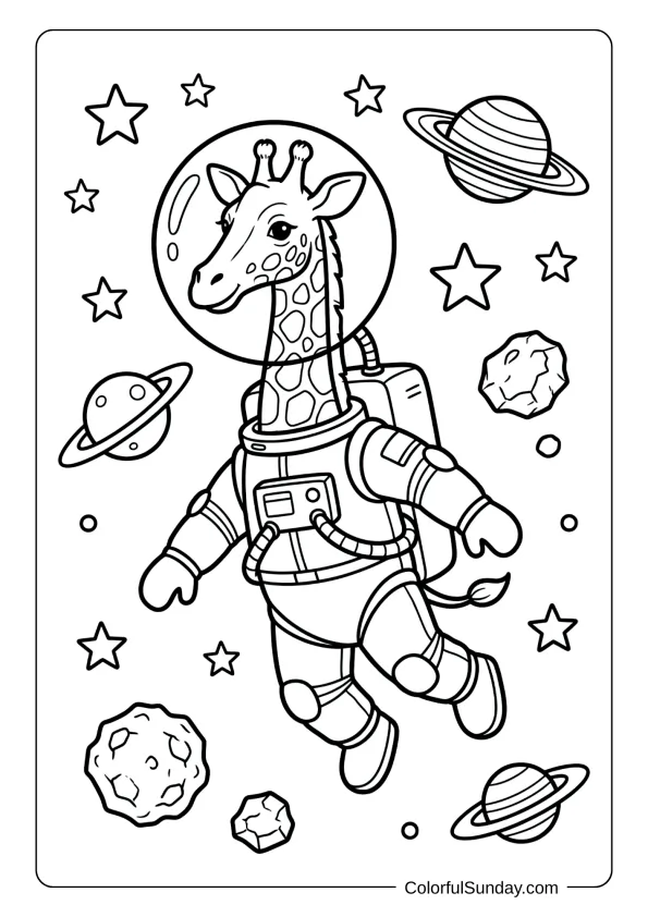 An adventurous astronaut giraffe coloring page wearing space suit floating among stars planets and moon rocks.