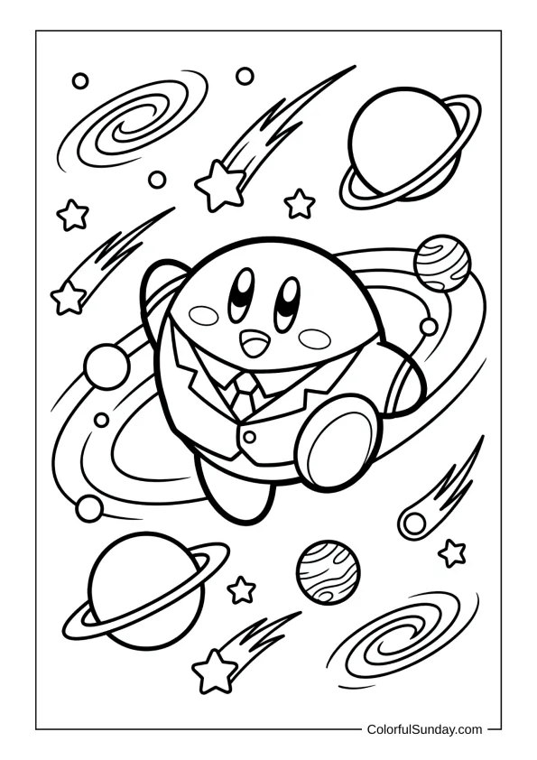 Kirby in an astronaut suit floats among planets and comets gazing at galaxies in this coloring page