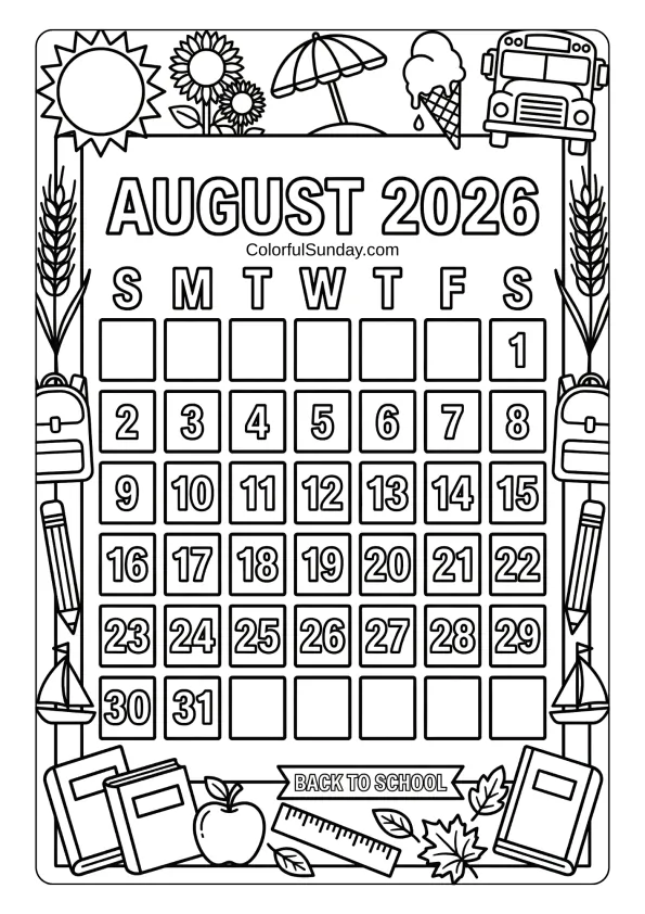August 2026 back to school calendar coloring page with school icons printable coloring page