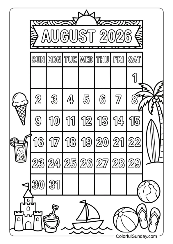 August 2026 beach calendar coloring page with summer icons printable coloring page