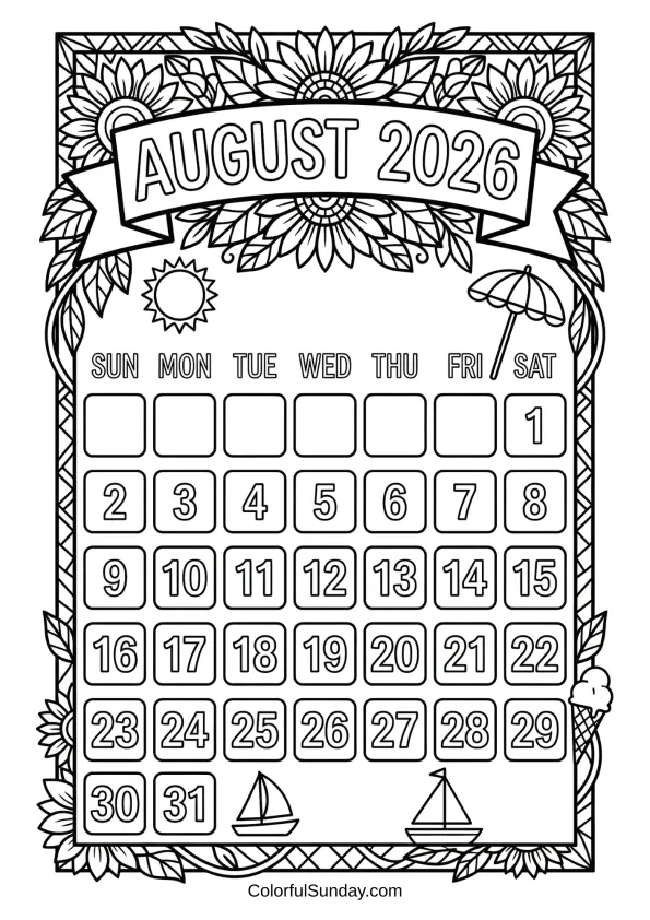 August 2026 sunflower calendar coloring page with floral patterns printable coloring page