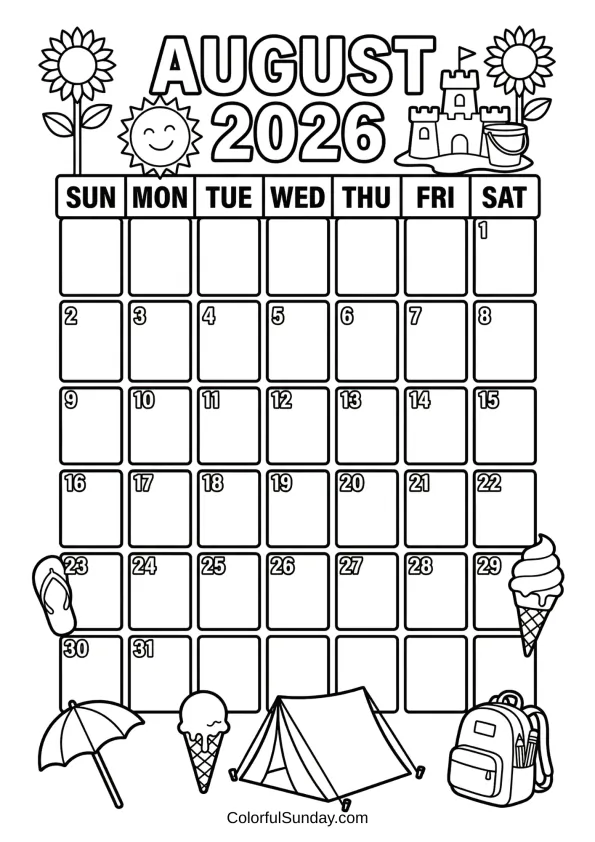 August 2026 summer fun calendar coloring page with sun and ice cream printable coloring page