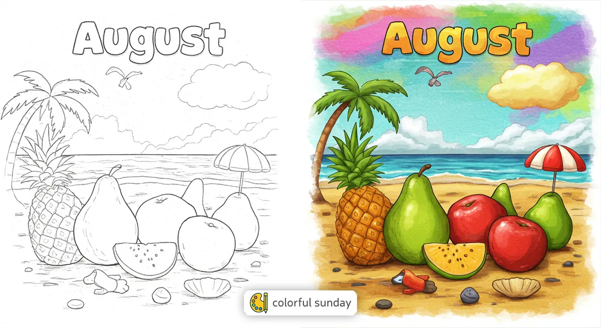 August coloring pages featured image, left side uncolored, right side fully colored