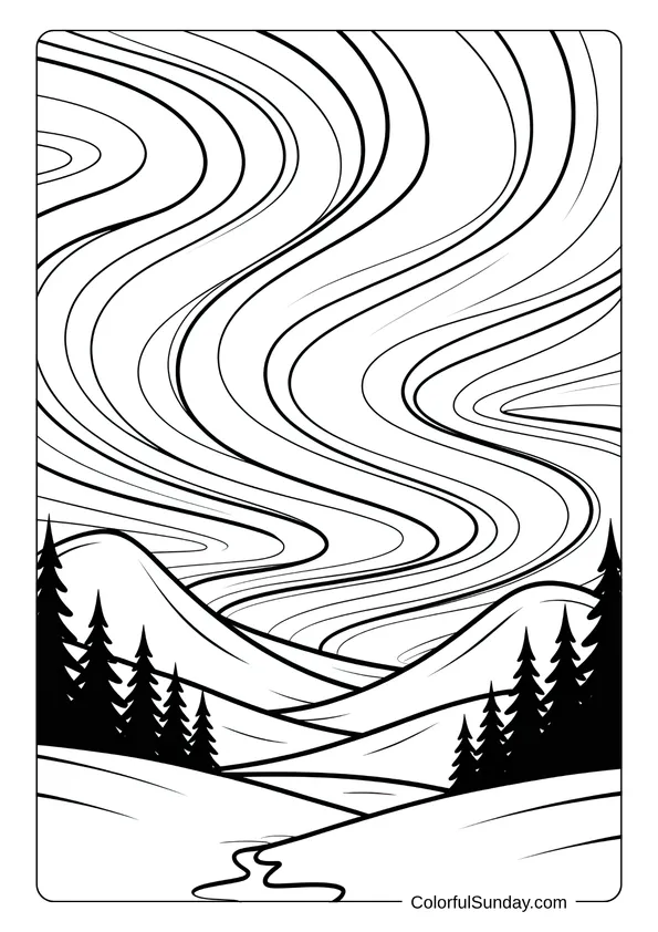 Flowing aurora lights curve over snowy mountains and pine trees in a peaceful December night coloring page.