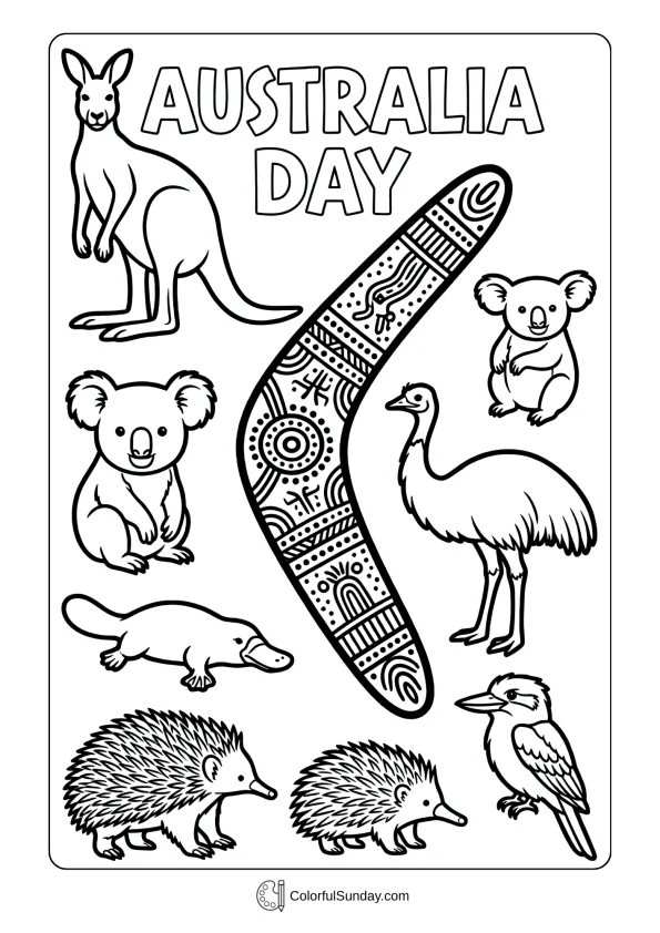 Traditional boomerang with native patterns coloring page featuring Australia Day decorative elements