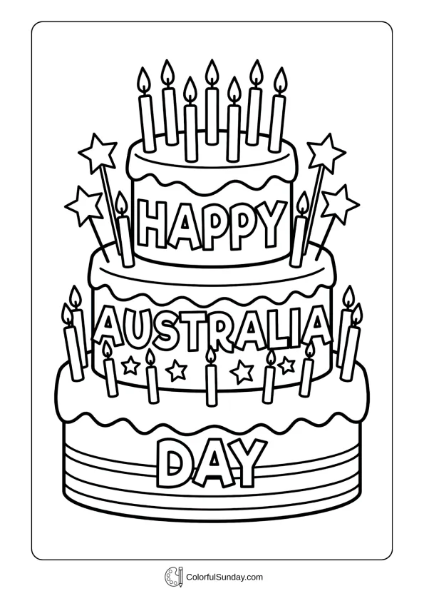 Decorated layered cake coloring page with candles and Happy Australia Day message on top