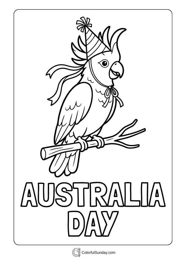 Cheerful cockatoo coloring page perched on branch with Australia Day party hat and ribbons