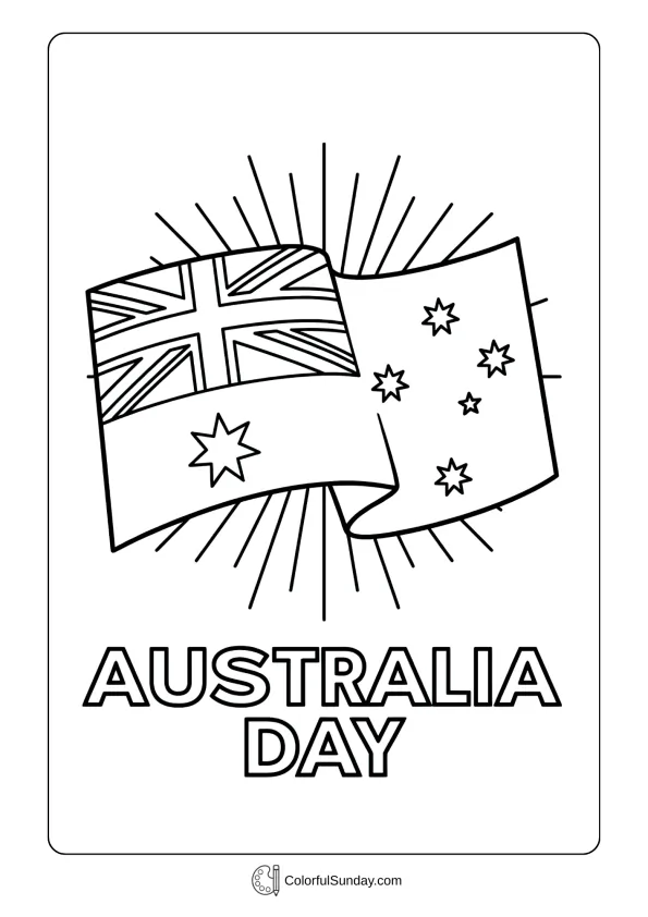 Australian flag coloring page waving proudly with stars and sun rays for Australia Day