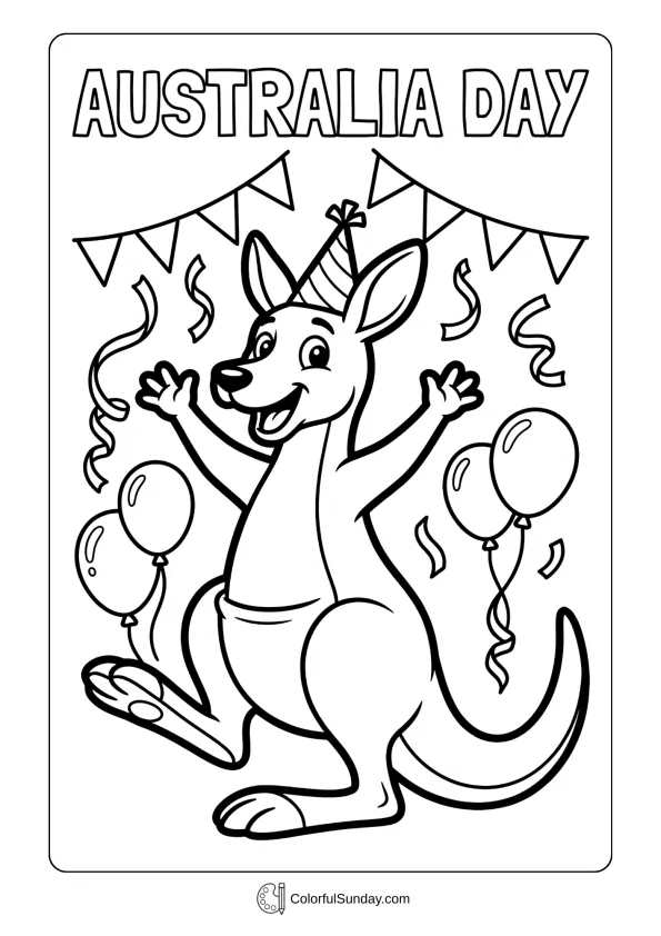 A coloring page featuring a friendly kangaroo wearing a party hat celebrating Australia Day with festive decorations