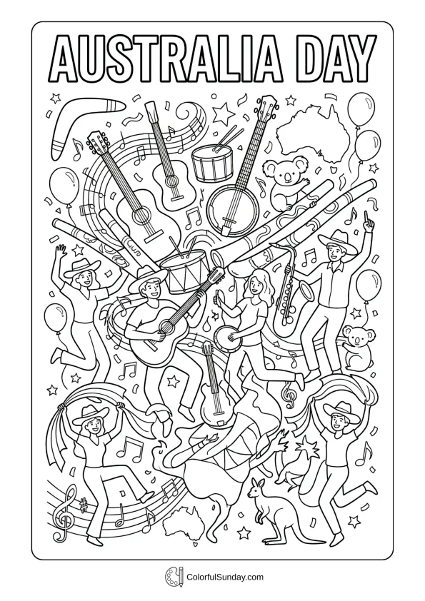 Musical instruments and dancing figures in a coloring page with Australia Day festive atmosphere