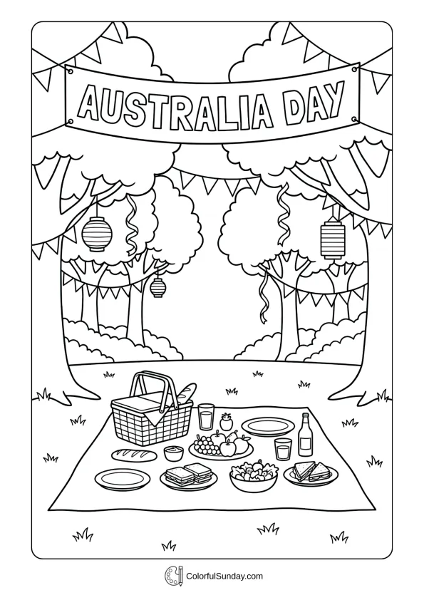 Park picnic scene coloring page with basket, blanket, and Australia Day festive decorations