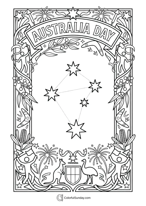Southern Cross constellation with stars in a coloring page featuring Australia Day festive border design