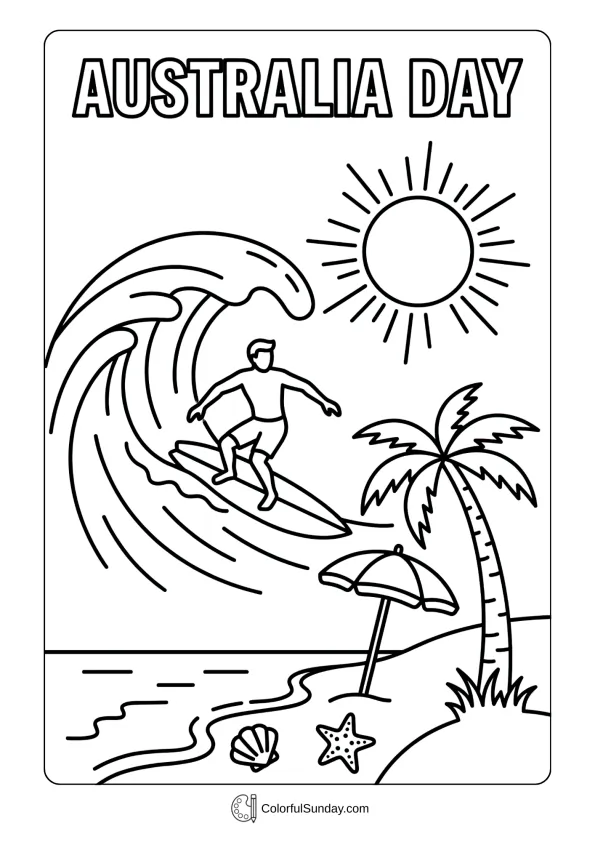 Surfer riding wave with board in a coloring page celebrating Australia Day with beach theme